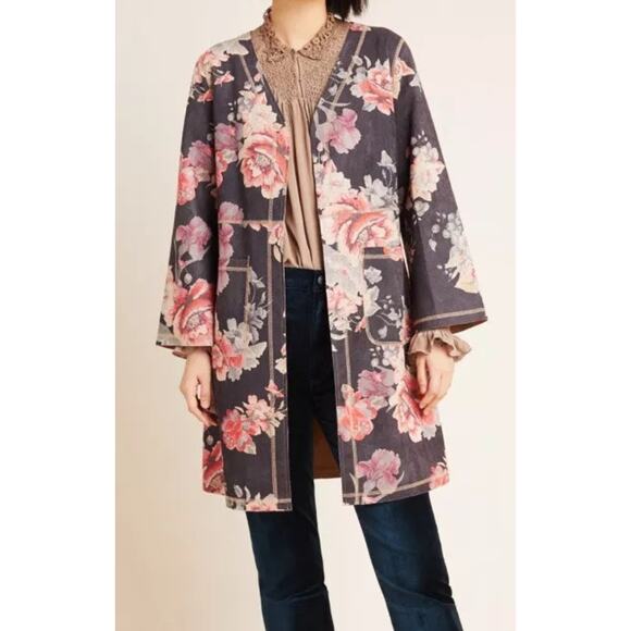 Solitaire Anthropologie Duster Jacket Womens Floral Faux Suede Open Sz L - Picture 1 of 11